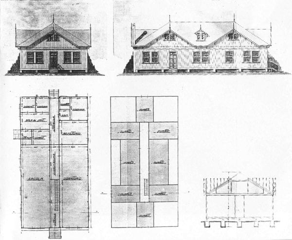 1 – Fachada, planta e corte dos pavilhões-escolas.