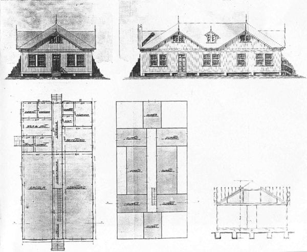 1 – Fachada, planta e corte dos pavilhões-escolas.