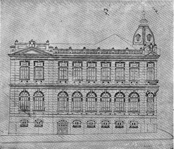 Fachada lateral esquerda do edifício para Coletoria Estadual Repartição de Água e Esgoto, Instituto Comercial, Junta Comercial apresentada em 1924
