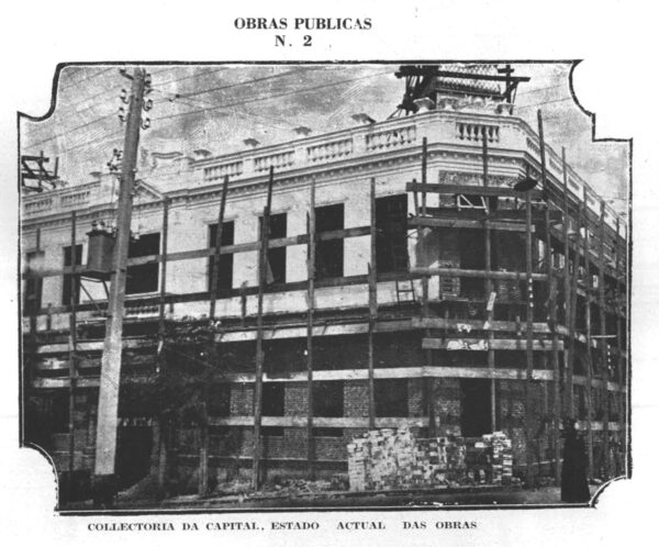 Obras do edifício para Coletoria Estadual Repartição de Água e Esgoto, Instituto Comercial, Junta Comercial apresentada em 1925.