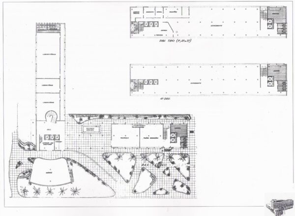 Plantas do térreo e dos quato pavimentos do projeto arquitetônico inicial para a sede do DER/PR.