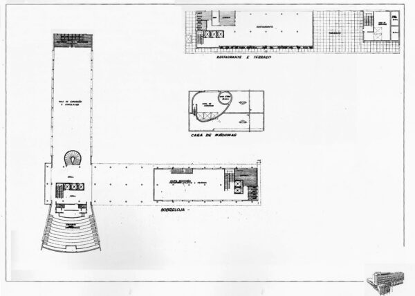 Plantas do térreo, terraço e casa de máquinas do projeto arquitetônico inicial para a sede do DER/PR.