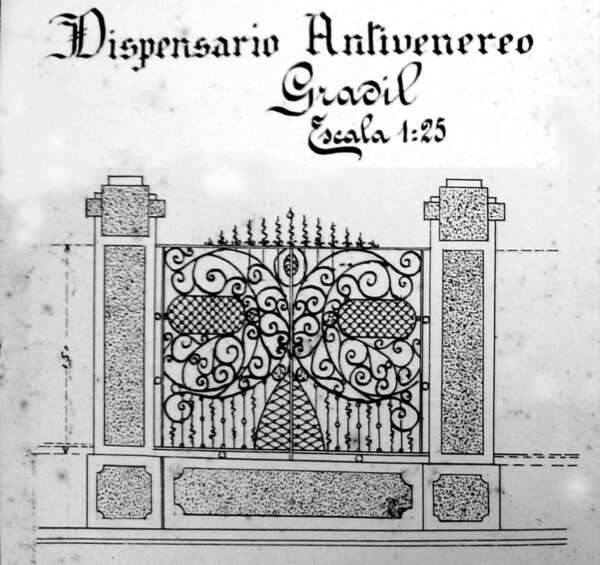 Detalhe do projeto arquitetônico do gradil do muro do Laboratório de Análises e Dispensários, em Curitiba - 1926.