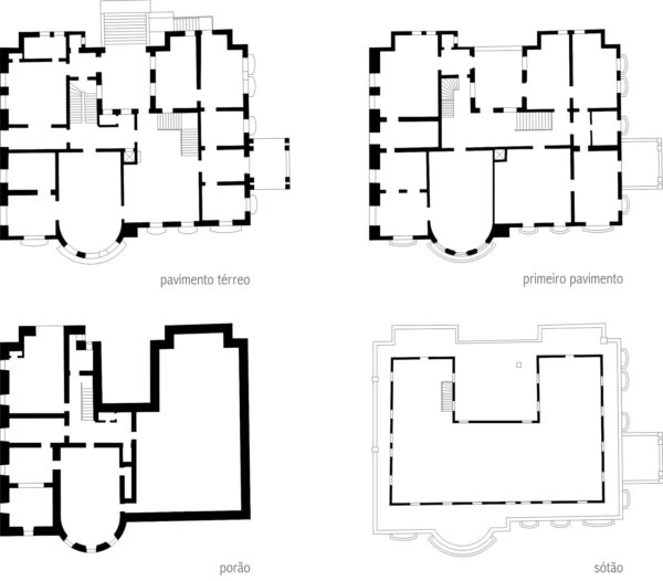 Plantas dos pavimentos térreo, superior, porão e sótão do Palacete Garmatter - 1937.