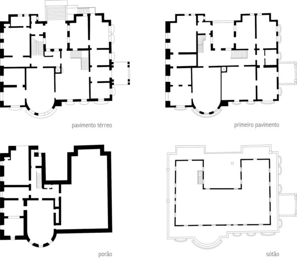 Plantas dos pavimentos térreo, superior, porão e sótão do Palacete Garmatter - 1937.