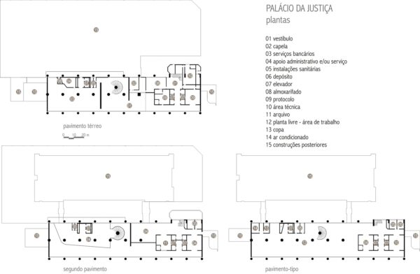 Plantas dos pavimentos térreo, primeiro e tipo do Palácio da Justiça, em Curitiba - 2007