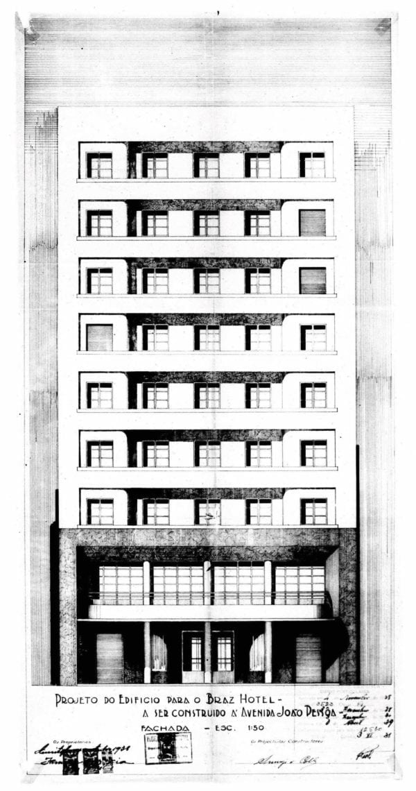 Fachada do Edifício do Braz Hotel; desenho de 1938.