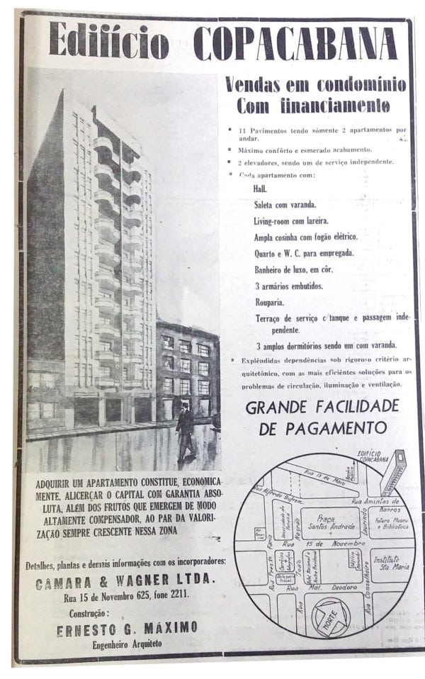 Anúncio de venda dos apartamentos do Edifício Copacabana em 1945.