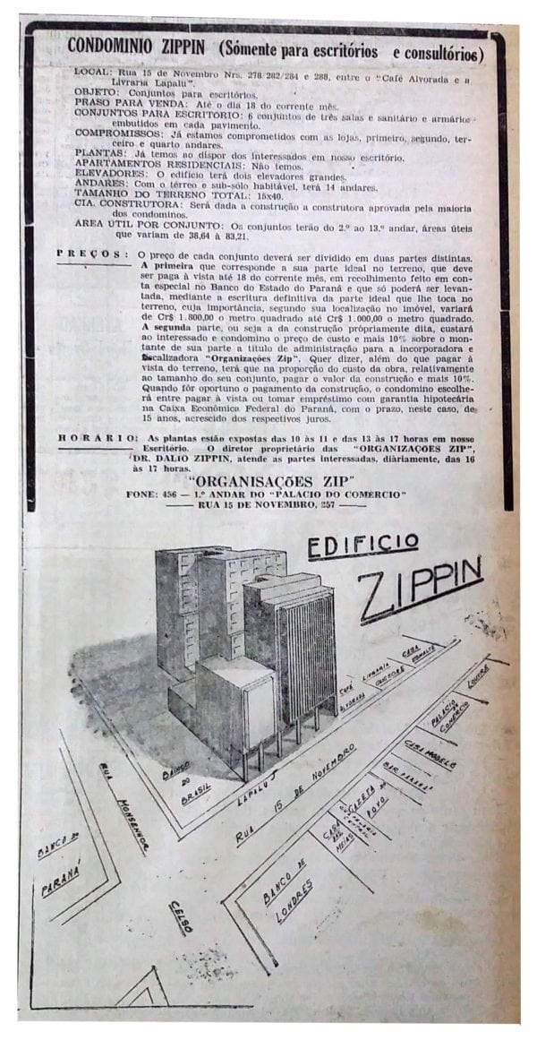 Anúncio de venda das unidades do Edifício Condomínio Zippin em 1946.