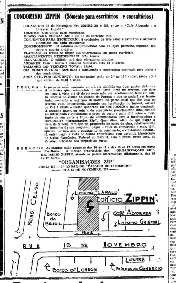 Anúncio de venda das unidades do Edifício Zippin com a indicação do Edifício da Livraria Lapalu em 1946.