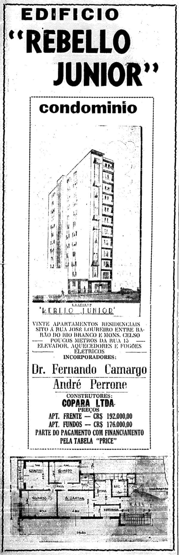 Anúncio de venda dos apartamentos do Edifício Rebello Júnior em 1946.