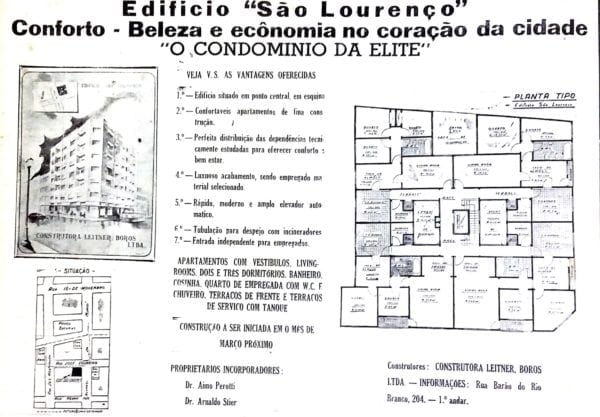 Anúncio de venda dos apartamentos do Edifício São Lourenço em 1947.