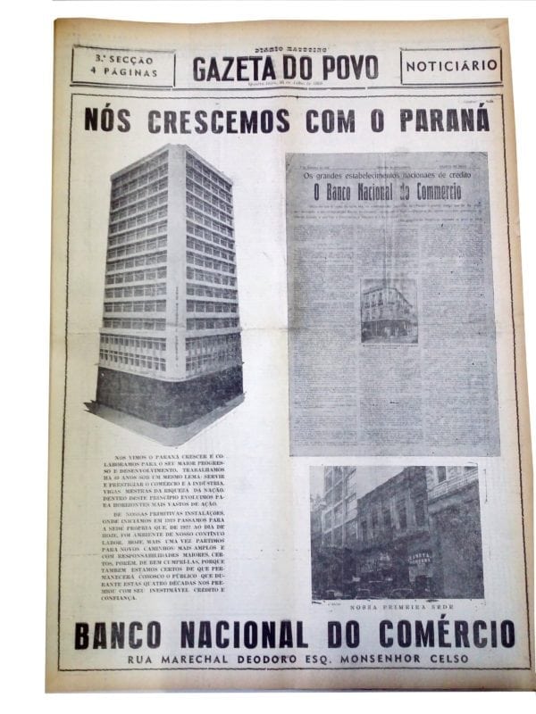 Matéria sobre a inauguração da nova sede do Banco Nacional do Comércio em 1958.