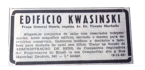 Anúncio de aluguel dos apartamentos e/ou conjuntos do Edifício Kwasinski em 1949.