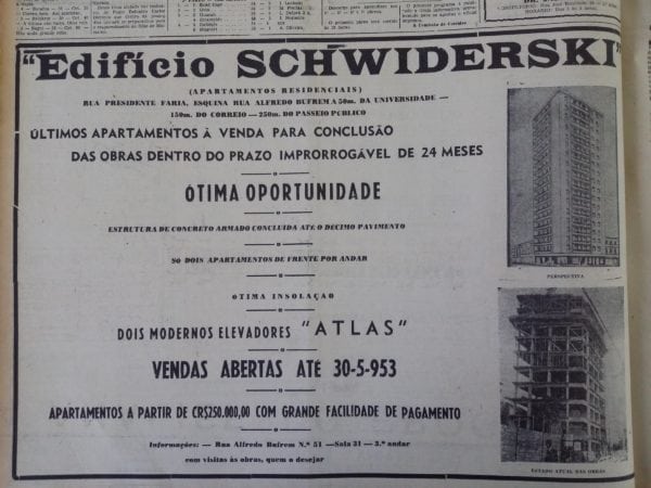 Anúncio de venda dos apartamentos do Edifício Schwiderski em 1953.