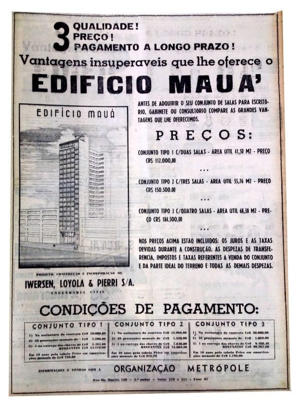 Anúncio de venda das unidades do Edifício Mauá em 1950.