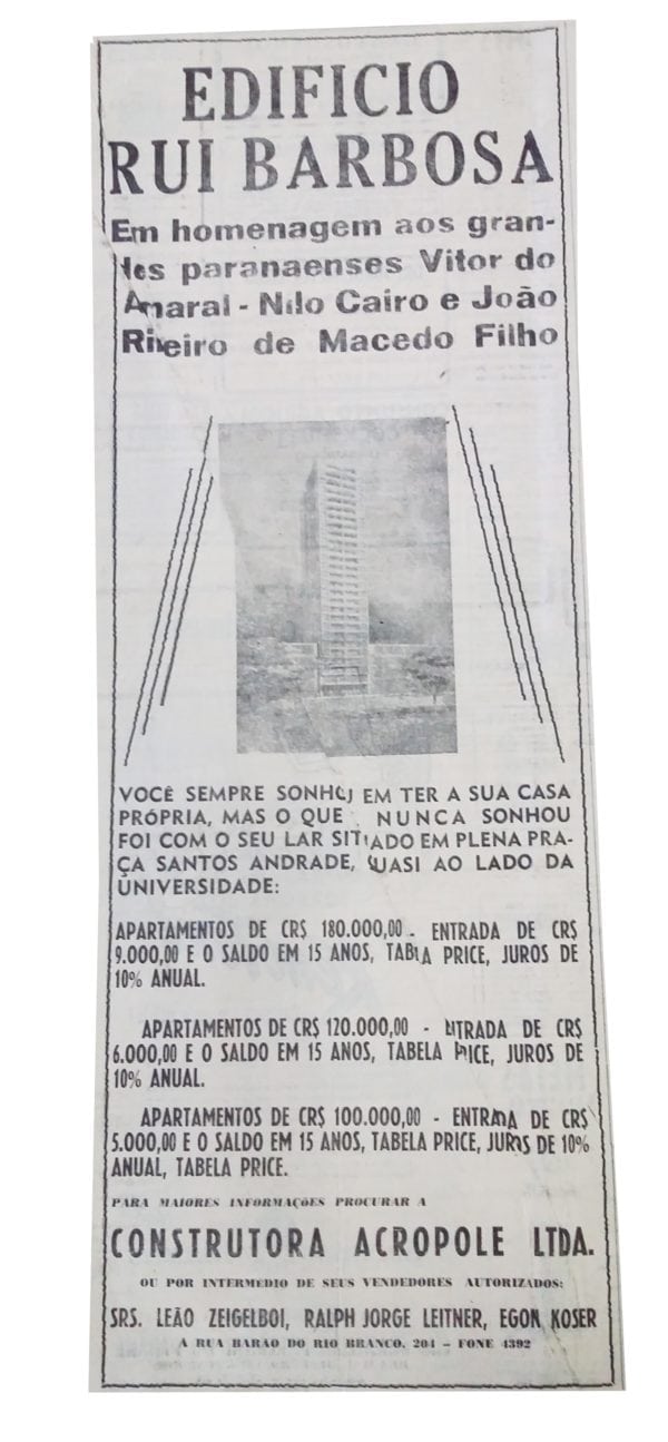 Anúncio de venda dos apartamentos do Edifício Ruy Barbosa em 1950.