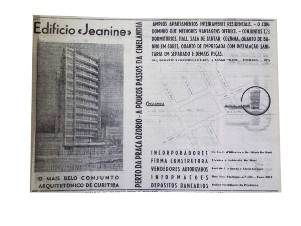 Anúncio de venda dos apartamentos do Edifício Jeanine em 1950.