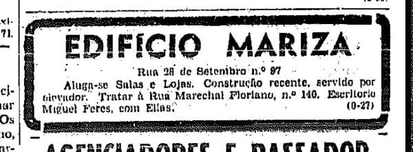 Anúncio de aluguel das salas comerciais do Edifício Mariza em 1950.