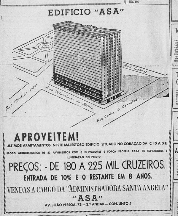 Anúncio de venda dos apartamentos do Edifício Asa em 1955.