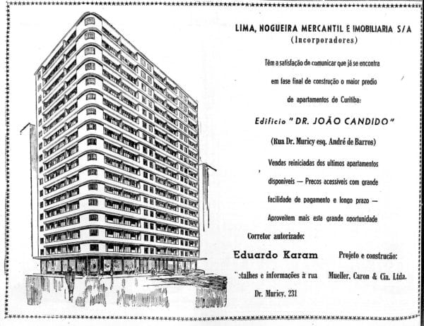 Anúncio de venda dos apartamentos do Edifício Dr. João Cândido em 1955.