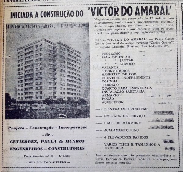 Anúncio de venda dos apartamentos do Edifício Vitor do Amaral em 1951.