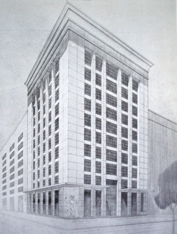 Perspectiva do Edifício da Associação Comercial do Paraná; desenho de 1952.