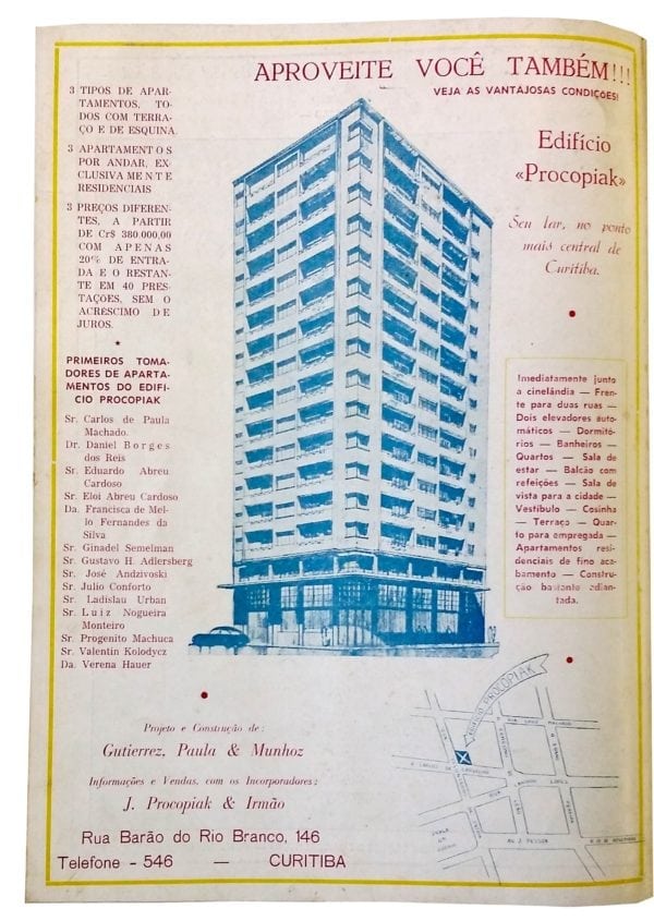 Anúncio de venda dos apartamentos do Edifício Procopiak em 1955.