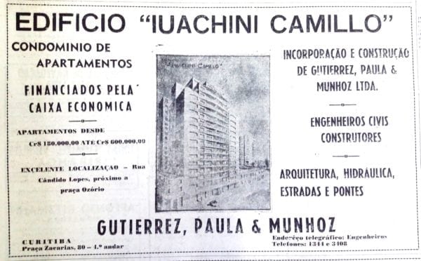 Anúncio de venda dos apartamentos do Edifício Iuachini Camillo em 1952.