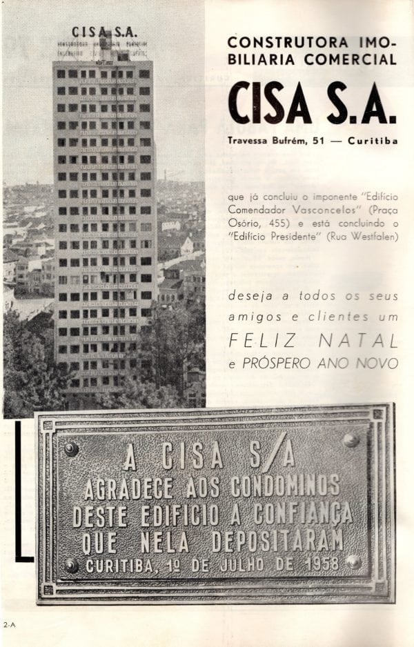 Anúncio da Construtora Cisa mencionando o Edifício Comendador Vasconcelos em 1958.