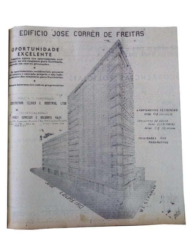 Anúncio de venda dos apartamentos do Edifício José Correia de Freitas em 1952.