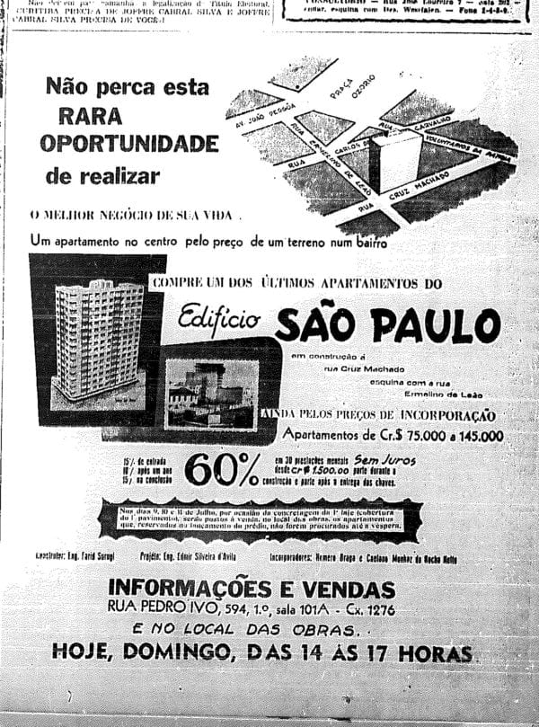 Anúncio de venda dos apartamentos do Edifício São Paulo em 1953.