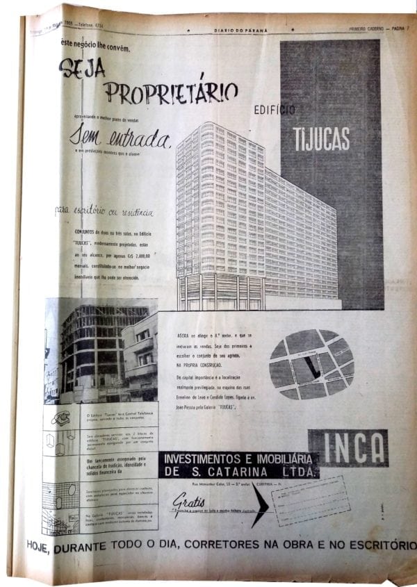Anúncio de venda das unidades do Bloco 1 do Edifício Tijucas em 1955.