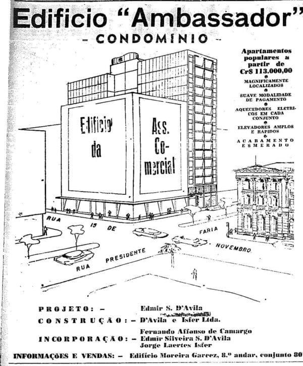 Anúncio de venda dos apartamentos do Edifício Ambassador em 1953.