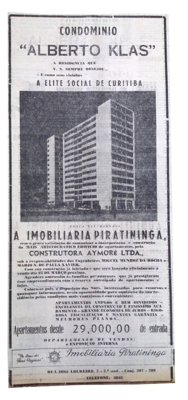 Anúncio de venda dos apartamentos do Edifício Alberto Klas em 1954.