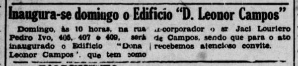 Anúncio da inauguração do Edifício Leonor Campos em 1954.