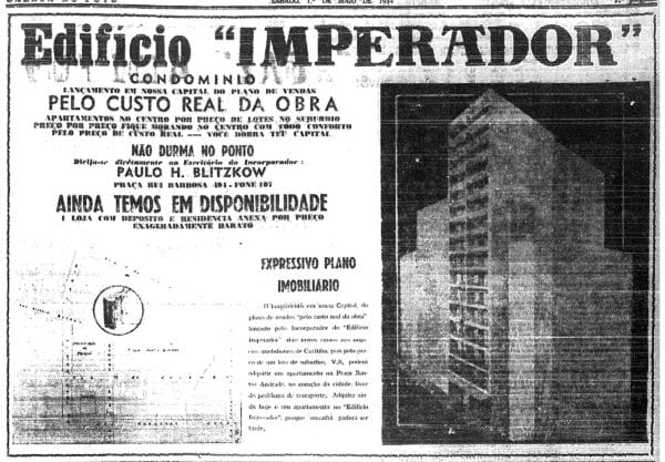 Anúncio de venda dos apartamentos do Edifício Imperador em 1954.