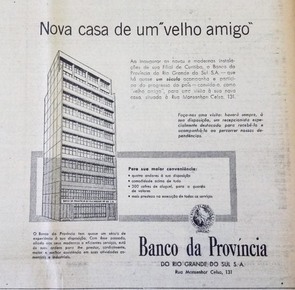 Anúncio da nova sede do Banco da Província do Rio Grande do Sul, em 1953.