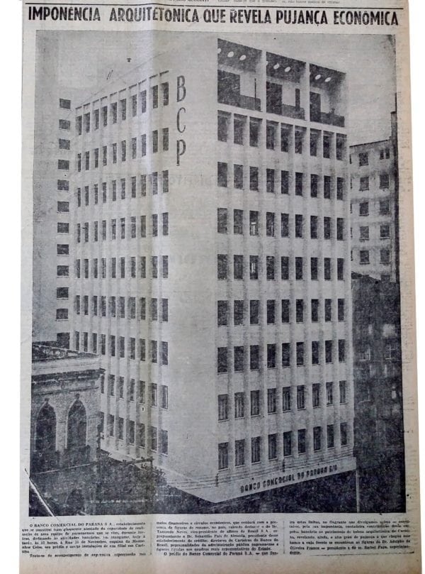 Matéria sobre a inauguração do Edifício do Banco Comercial do Paraná em 1957.