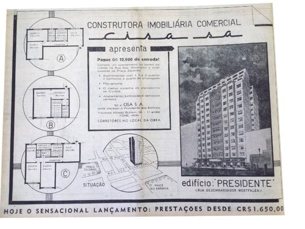 Anúncio de venda dos apartamentos do Edifício Presidente em 1955.