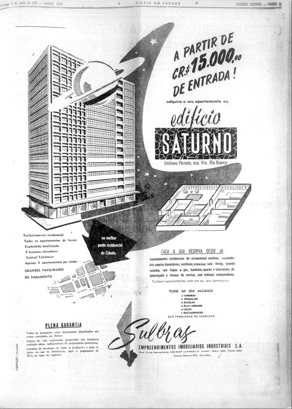 Anúncio de venda dos apartamentos do Edifício Saturno em 1955.