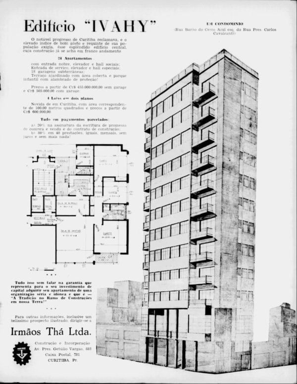 Anúncio de venda dos apartamentos do Edifício Ivahy em 1955.