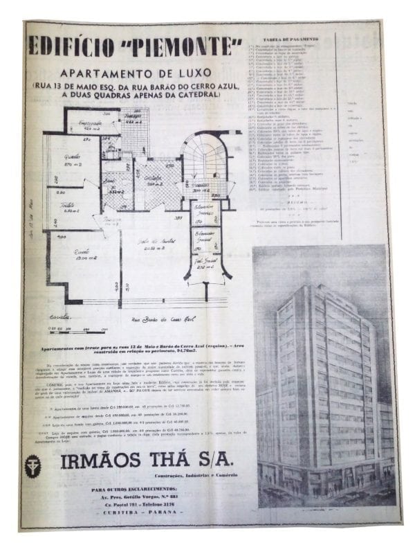 Anúncio de venda dos apartamentos do Edifício Piemonte em 1957.