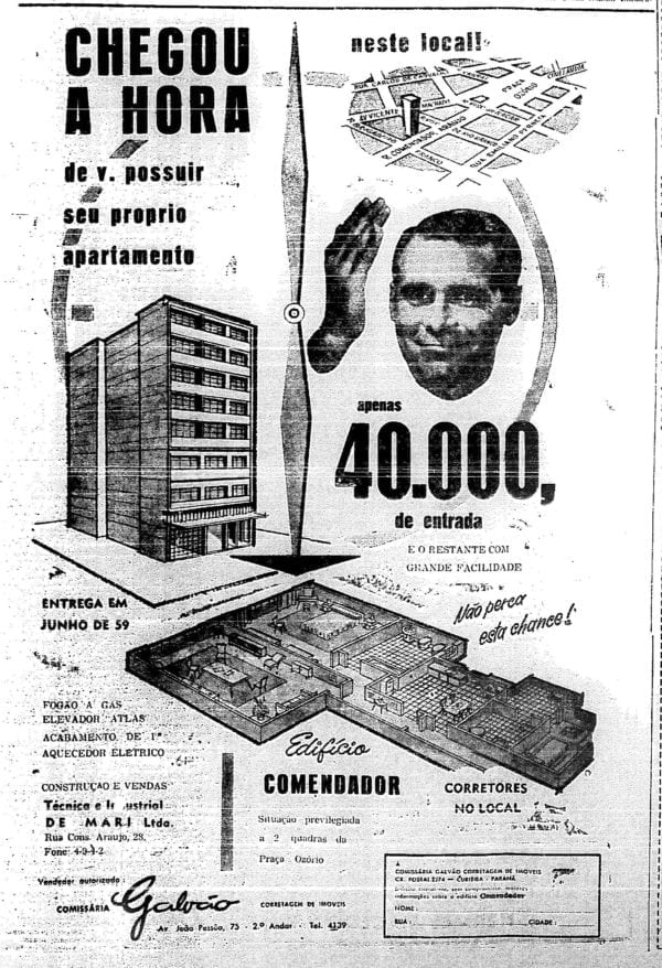 Anúncio de venda dos apartamentos do Edifício Comendador em 1958.