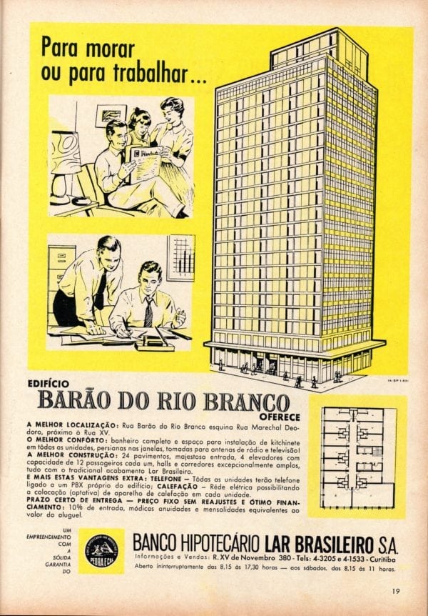 Anúncio de venda dos conjuntos comerciais ou pequenos apartamentos do Edifício Barão do Rio Branco em 1961.