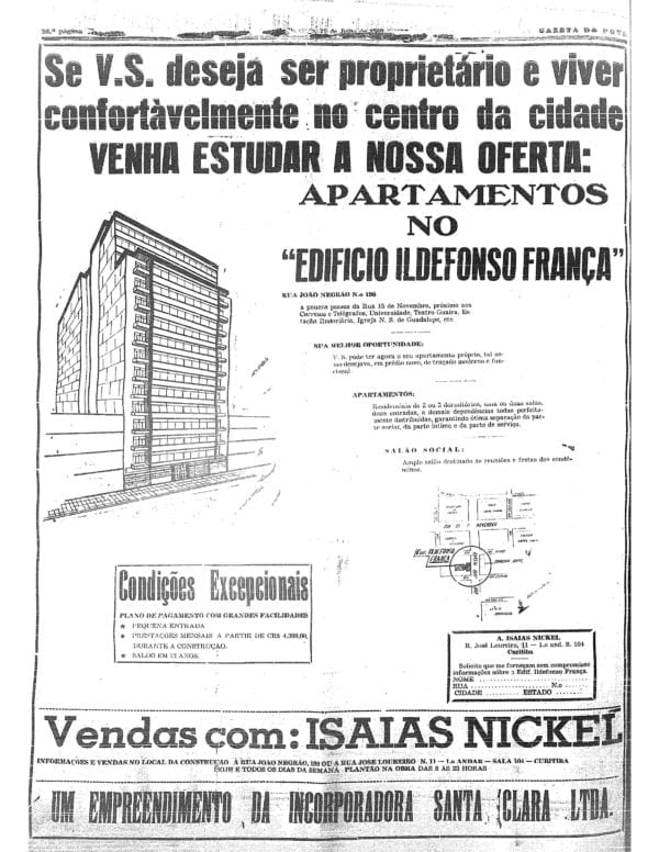 Anúncio de venda dos apartamentos do Edifício Ildefonso França em 1959.