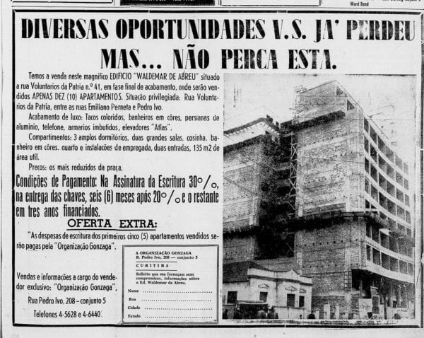 Anúncio de venda dos apartamentos do Edifício Waldemar de Abreu, em 1959.