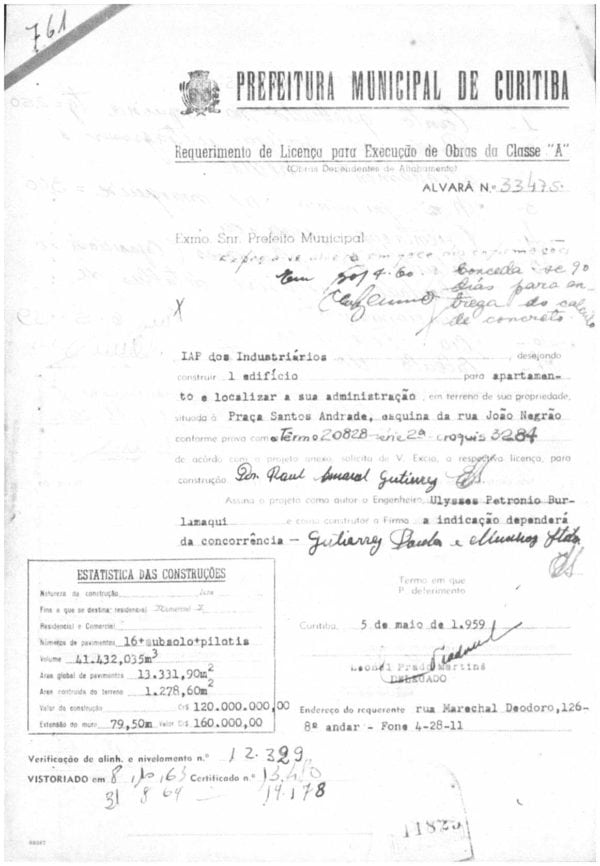 Requerimento de Licença para Execução de Obras do Edifício do IAPI em 1959.