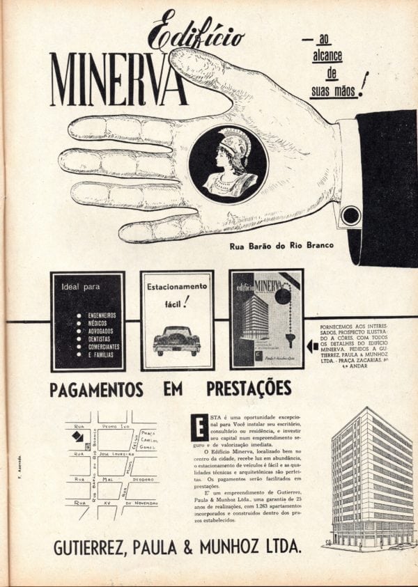 Anúncio de venda das unidades (comerciais ou residenciais) do Edifício Minerva em 1960.