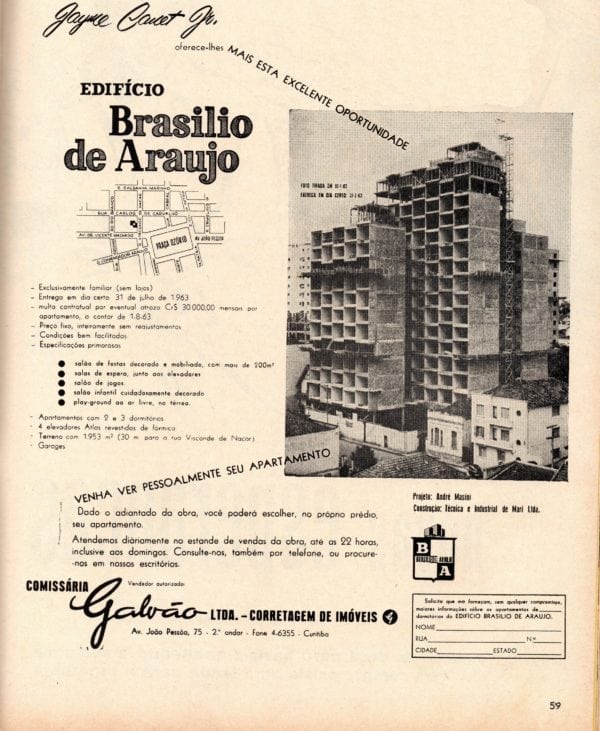 Anúncio de venda dos apartamentos do Edifício Brasílio Araújo em 1960.